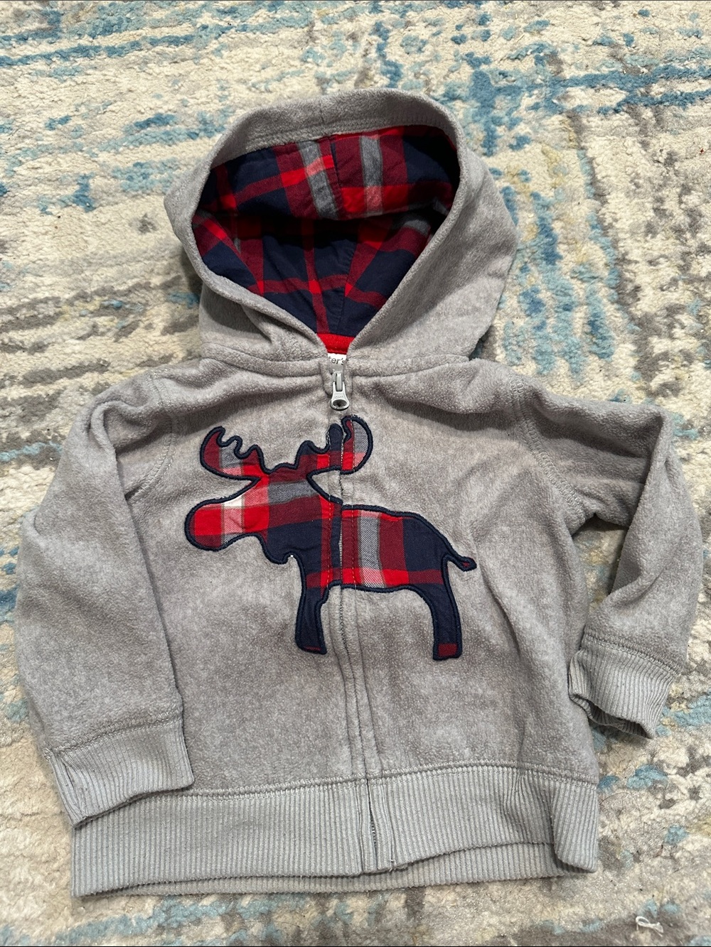 Carter's Gray Hooded Zip-Up Sweatshirt with Red & Navy Plaid Moose Appliqué